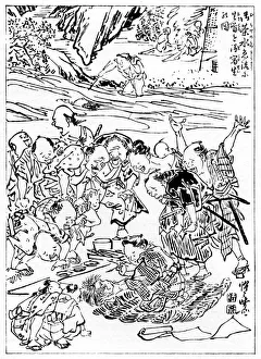 Kawanabe Kyosai Prints: Young Kyosai Sketching the Severed Head, 1898. Artist: Kawanabe Kyosai