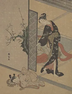 Young Lady Looking through Door at Her Kamuro (Little Servant) who is Asleep on the Floor