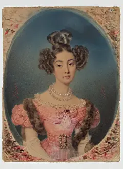 Belt Prints: Young Lady in a Pink Dress and Fur Stole, 1833. Creator: Henri-Joseph Hesse