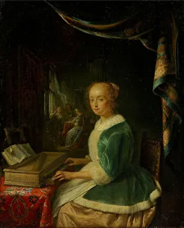 Sheets Of Music Prints: A young lady playing a clavichord