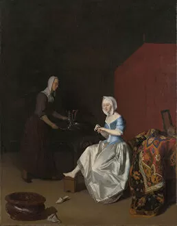 Geting Up Gallery: A Young Lady trimming her Fingernails, attended by a Maidservant, c. 1670