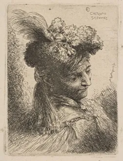 Young man facing three quaters right wearing a fur headdress with a plume, jewel an Young man facing three quaters right wearing a fur headdress with a plume, jewel an