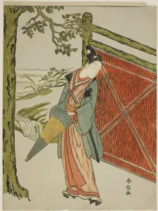 Young Man Holding Umbrella Beside a Fence, c. 1767 / 68. Creator: Suzuki Harunobu