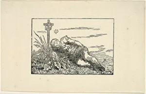 Woodcut On Paper Prints: Young Man Lying on a Grave, 1803-04. Creator: Caspar David Friedrich