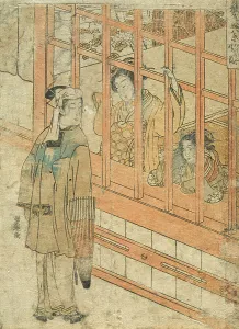 Prostitution Prints: Young Man Outside a Brothel in the Yoshiwara, 18th century. Creator: Isoda Koryusai