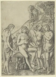 Flute Collection: A young man, seated and playing the violin at centre, flanked by two woman holding... ca. 1510-27