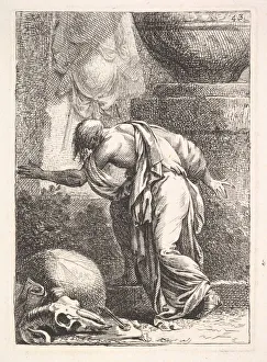 A young man, seen from behind and ascending a step towards the left A young man, seen from behind and ascending a step towards the left