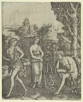 A young man sitting at right resting his head in his hand, a snake with a womans he..., ca. 1510-20. Creator: Marcantonio Raimondi