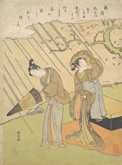 Suzuki Prints: Young Man and Woman Caught in the Rain while Enjoying Cherry Blossoms (Sakura-gari)