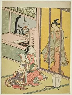 Blind Gallery: Young Man and Woman Talking through a Bamboo Blind, c. 1768. Creator: Suzuki Harunobu