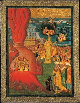 The Three Young Men in the Fiery Furnace, 17th century. Artist: Adrianoupolitis, Konstantinos (active 17th century) The Three Young Men in the Fiery Furnace, 17th century. Artist: Adrianoupolitis, Konstantinos (active 17th century)