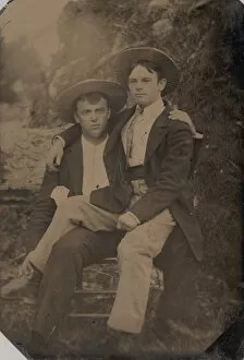 Images Dated 10th August 2020: Two Young Men in Straw Hats, One Seated in the Others Lap, 1870s-80s. Creator: Unknown