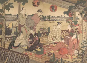 Tea House Prints: Two Young Men and Several Women Dining at a Tea-house on the Bank of the Sumida River, ca