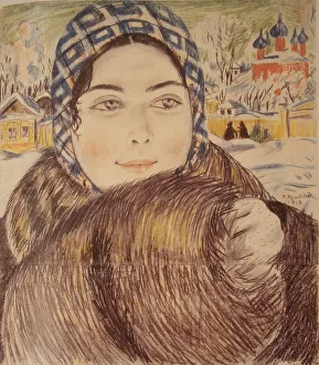 Kustodiev Prints: A young merchants wife in the a checkered scarf