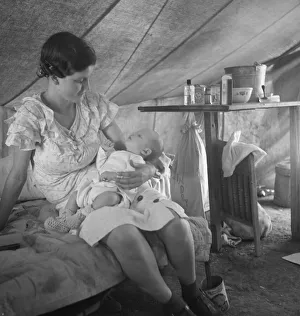 Young migrant mother with six weeks old baby born in a hospital with aid... near Westley, CA, 1939. Creator: Dorothea Lange