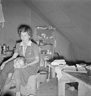 Displaced People Gallery: Young mother, aged twenty-two... FSA mobile camp, Merrill, Klamath County, Oregon, 1939