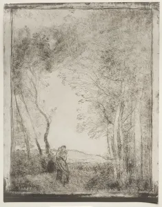 Cliche Verre Prints: A Young Mother at the Entrance of a Wood, original impression 1856, printed in 1921