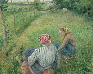 Camille Collection: Young Peasant Girls Resting in the Fields near Pontoise, 1882. Creator: Camille Pissarro
