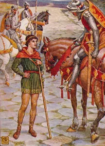Young Percival Questions Sir Owen, 1911. Artist: Walter Crane