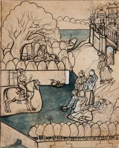 Line Drawing Prints: A Young Rider Approaches a Water Reservoir, c1750. Creator: Unknown