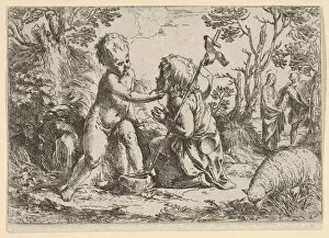Tenderness Gallery: Young Saint John the Baptist kneeling before the infant Christ who caresses his f... ca