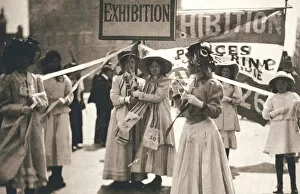 Campaigner Gallery: Young suffragettes promote the fortnight-long Womens Exhibition, London, 13 May 1909