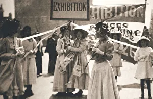 Young suffragettes promote the fortnight-long Womens Exhibition, London, 13 May 1909