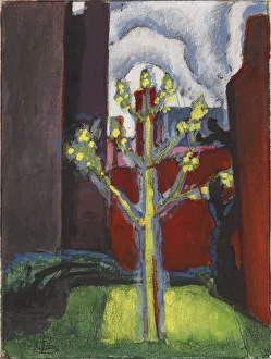 Oscar Bluemmer Prints: Young Tree in Red Courtyard, 1919. Creator: Oscar Bluemner