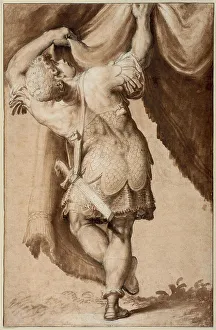 Salviati Francesco Prints: Young Warrior, Seen from Behind, Lifting a Curtain, 1550/55. Creator: Francesco Salviati