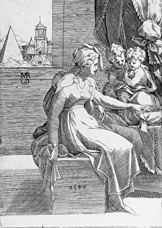 Davent Leon Prints: Young Woman in Antique Dress and Two Children, 1540. Creator: Leon Davent