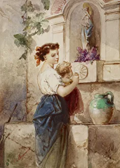 Villagers Prints: Young Woman with Baby Beside Wall, 19th century. Creator: Edouard de Beaumont