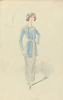 Young woman in black and white checkered ensemble, 1914. Creator: Price