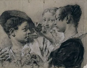 Heightened With White Chalk Prints: A Young Woman Buying a Pink from a Young Man