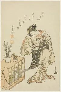 Caged Prints: Young Woman with a Caged Monkey (Calendar Print for New Year 1776)