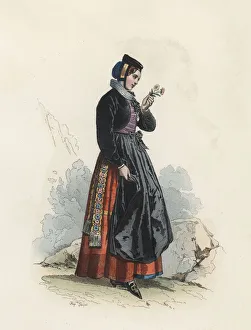 Young woman in the Canton of Fribourg (Switzerland), color engraving 1870 Young woman in the Canton of Fribourg (Switzerland), color engraving 1870