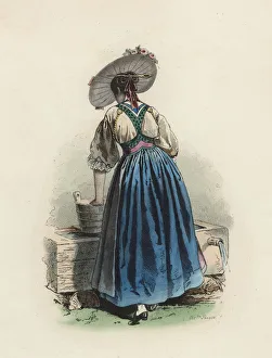 Young woman from the Canton Unterwald (Switzerland), color engraving 1870 Young woman from the Canton Unterwald (Switzerland), color engraving 1870