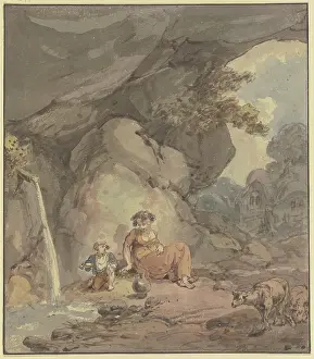 Franz Joseph Prints: Young woman with her child resting by a rock spring