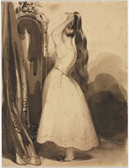 Achille Devéria Gallery: Young Woman Combing Her Hair, 1800s, before 1857. Creator: Achille Deveria (French