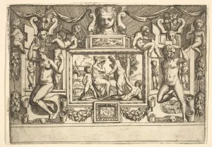 Andrea Schiavone Prints: Young woman drinking from a bowl, an old woman standing in front of her, set within