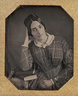 Pensive Prints: Young Woman with Elbow Resting on Small Pile of Books and Head on Hand, 1840s