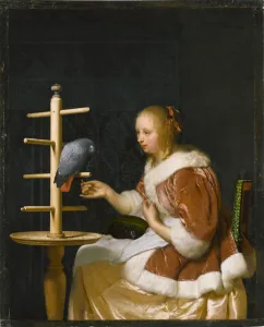 Young Lady Prints: Young Woman Feeding a Parrot, 1663. Creator: Mieris, Frans van, the Elder (1635-1681)