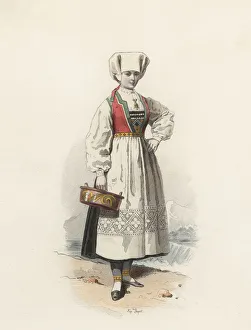 Modern Age Prints: Young woman from Hardanger (Norway), color engraving 1870