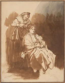 A Young Woman Having Her Hair Braided, ca 1637. Artist: Rembrandt van Rhijn (1606-1669) A Young Woman Having Her Hair Braided, ca 1637. Artist: Rembrandt van Rhijn (1606-1669)