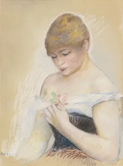 Young Woman Holding A Flower. Portrait of the actress Jeanne Samary, c. 1880. Artist: Renoir, Pierre Auguste (1841-1919)