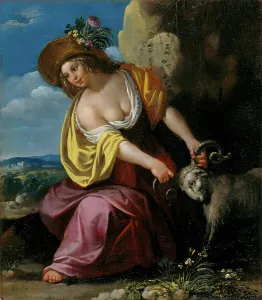 Musee Municipal Prints: Young woman holding a ram, First Half of 17th cen
