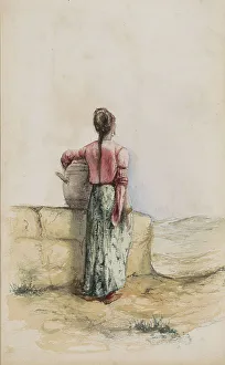 Water Jar Prints: Young woman with a jug by a wall, 1880. Creator: Marius Bauer