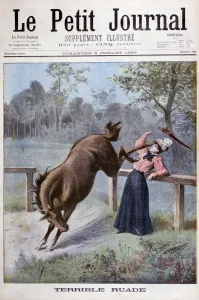 Paddock Prints: A young woman is kicked by a horse, 1898. Artist: Henri Meyer