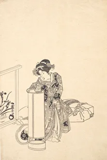 Floor Lamp Prints: Young Woman Leaning over a Tall Lamp. Creator: Utagawa Kuniyasu