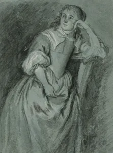 Gaspar Netscher Prints: Young woman leans on a chair. Creator: Gaspar Netscher