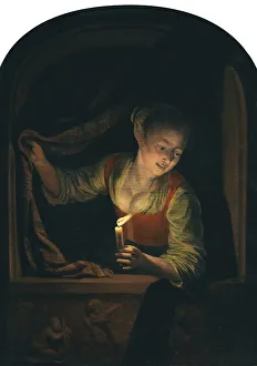 Window Frame Prints: Young Woman with a Lighted Candle at a Window, 1658. Creator: Gerrit Dou